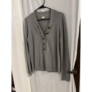 J Crew Factory Gray 1/2 Button Gray Cashmere Wool Blend Sweater Big Buttons Sz L